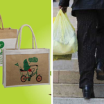 Eco-friendly biodegradable shopping bags placed on green grass symbolizing environmental protection