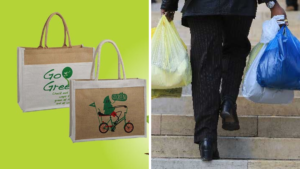 Eco-friendly biodegradable shopping bags placed on green grass symbolizing environmental protection