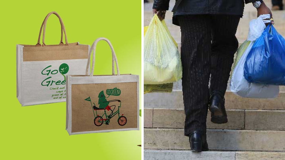 Eco-friendly biodegradable shopping bags placed on green grass symbolizing environmental protection