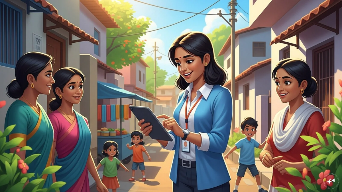 Government officials conducting census door-to-door survey in an Indian neighborhood