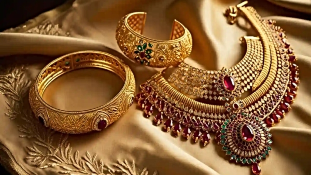 Gold jewelry and silver bars displayed to represent daily price changes in the Hyderabad bullion market