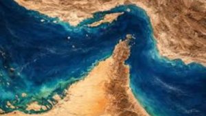Map showing the strategic location of the Strait of Hormuz between Iran and Oman with cargo ships