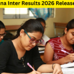 Students checking Telangana Intermediate exam results on a laptop screen with a tensed yet hopeful expression