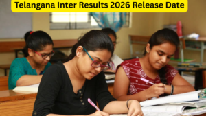 Students checking Telangana Intermediate exam results on a laptop screen with a tensed yet hopeful expression