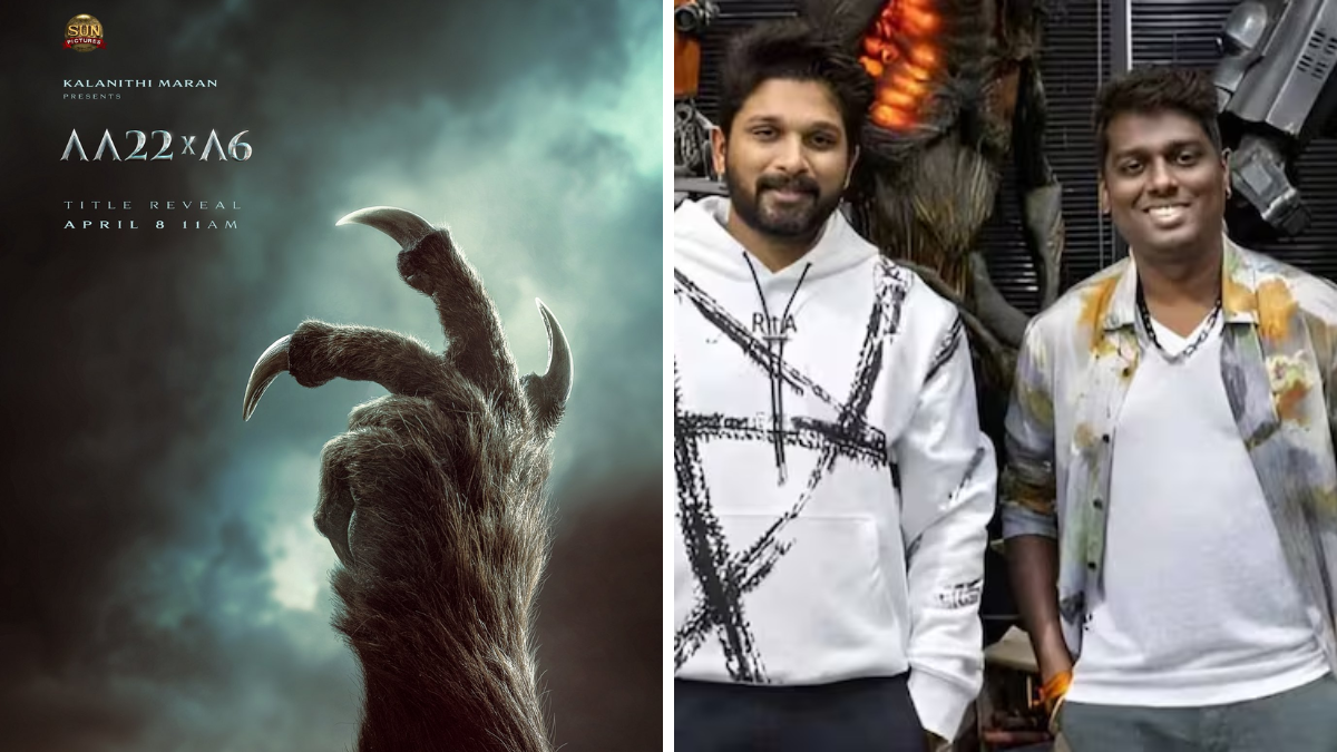 A mysterious poster featuring a large furry hand with long claws against a cloudy sky, teasing the title of Allu Arjun and Atlee's movie