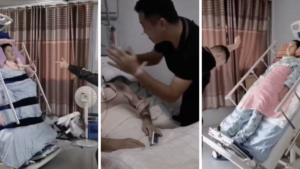Deng Youcai singing and dancing to encourage his paralyzed wife in a hospital room.