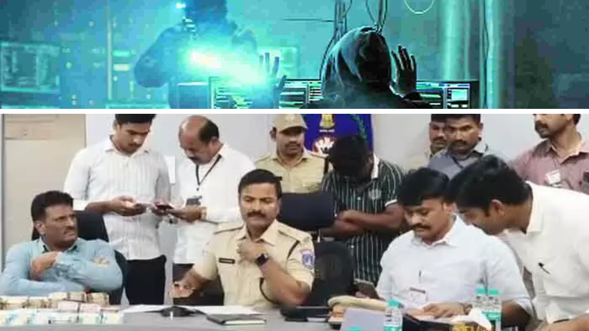 సైబరాబాద్ పోలీసులు డిజిటల్ అరెస్ట్ మోసగాళ్లను మీడియా ముందు ప్రవేశపెడుతున్న దృశ్యం.