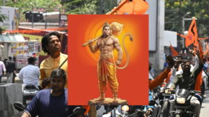 Thousands of devotees on motorbikes carrying saffron flags during Hanuman Jayanti Shobha Yatra in Hyderabad