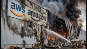 Illustration of a missile strike impacting a high-tech data center facility in the Gulf region.