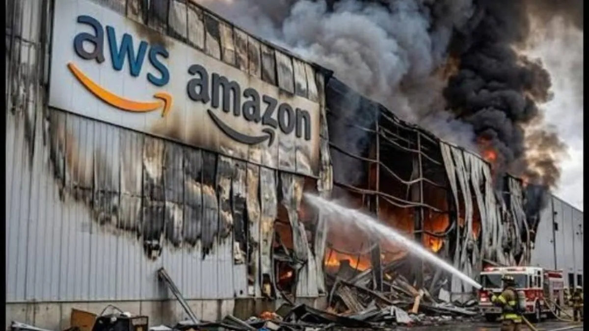 Illustration of a missile strike impacting a high-tech data center facility in the Gulf region.