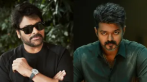 Actor Vijay from the movie Jananayagan and Chiranjeevi's tweet against film piracy.