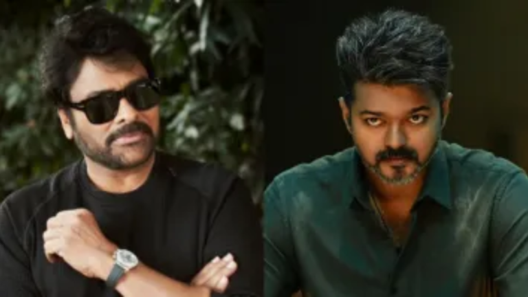 Actor Vijay from the movie Jananayagan and Chiranjeevi's tweet against film piracy.