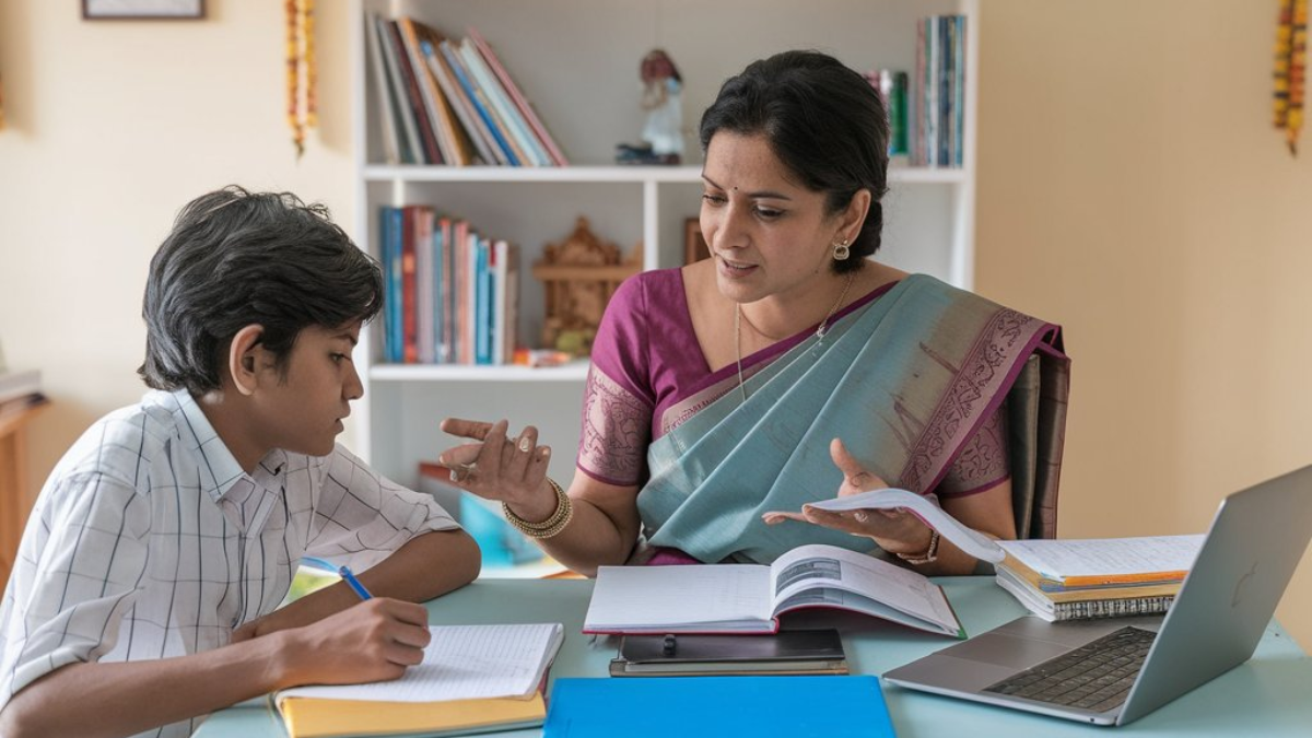 A stressed young student sitting with many books, illustrating the pressure of extra tuition classes.