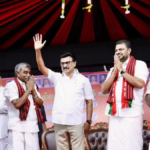 Infographic showing LokPoll survey predictions for Tamil Nadu Elections 2026 with DMK, AIADMK, and TVK party logos