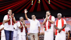 Infographic showing LokPoll survey predictions for Tamil Nadu Elections 2026 with DMK, AIADMK, and TVK party logos