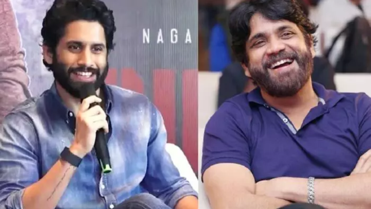 Actors Nagarjuna and Naga Chaitanya sharing a candid moment at a film event, representing their iconic father-son bond.