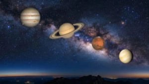 ఆకాశంలో ఒకే వరుసలో కనిపిస్తున్న బుధుడు, అంగారకుడు, శని మరియు నెప్ట్యూన్ గ్రహాల దృశ్యం.