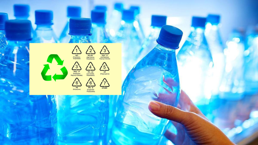 A close-up of the recycling triangle code on the bottom of a plastic water bottle with medical warning signs.