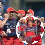 An enthusiastic RCB female fan celebrating loudly in front of a disappointed CSK fan at the Bengaluru stadium