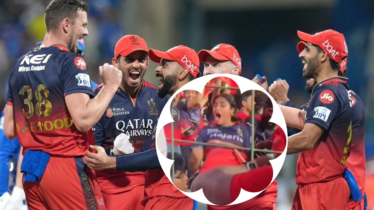 An enthusiastic RCB female fan celebrating loudly in front of a disappointed CSK fan at the Bengaluru stadium