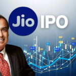 రిలయన్స్ జియో లోగో మరియు స్టాక్ మార్కెట్ ట్రేడింగ్ గ్రాఫ్ కలిపి ఉన్న చిత్రం.