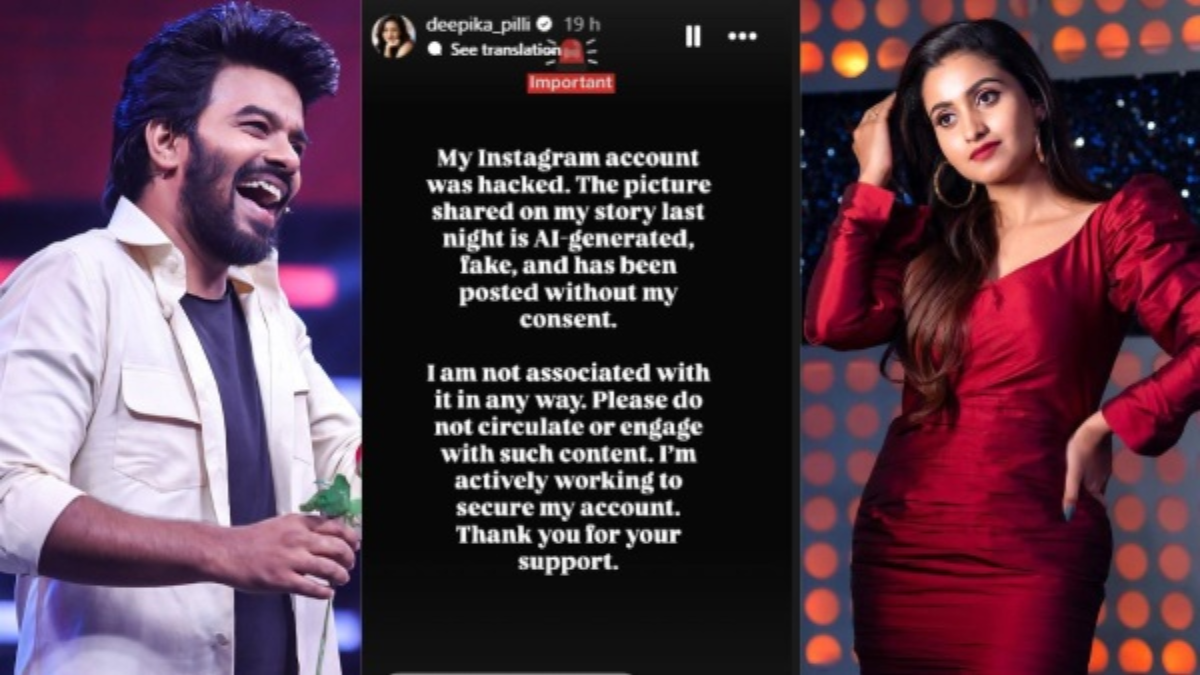 Collage of Sudigali Sudheer and Deepika Pilli alongside a screenshot of her clarification post on Instagram.