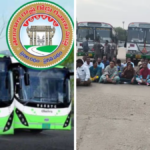 బస్సు డిపో ముందు నిరసన తెలుపుతున్న TGSRTC ఉద్యోగులు మరియు నిలిచిపోయిన బస్సులు.