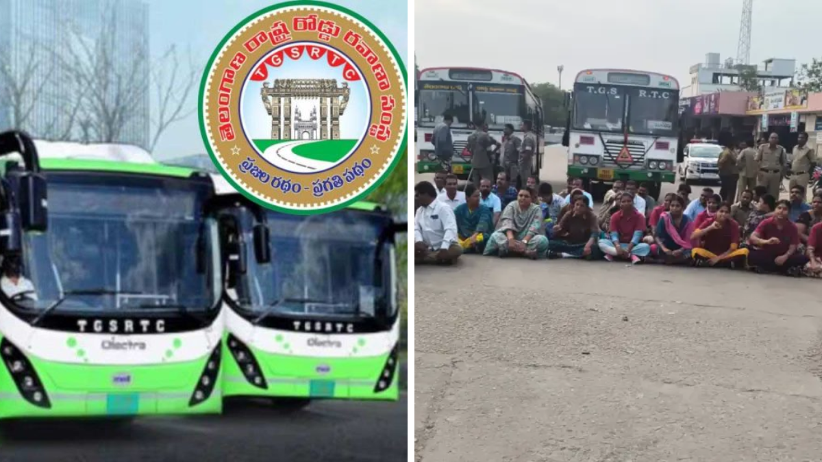 బస్సు డిపో ముందు నిరసన తెలుపుతున్న TGSRTC ఉద్యోగులు మరియు నిలిచిపోయిన బస్సులు.