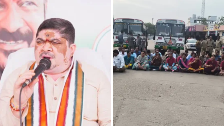 మంత్రి పొన్నం ప్రభాకర్ ఆర్టీసీ కార్మికుల సమస్యలపై మీడియా సమావేశంలో మాట్లాడుతున్న దృశ్యం.