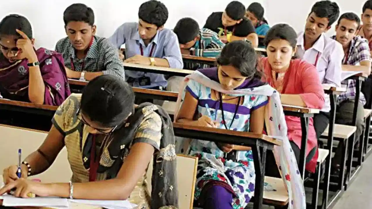 Telangana State Board of Intermediate Education (TGBIE) official logo and students checking results on a laptop.