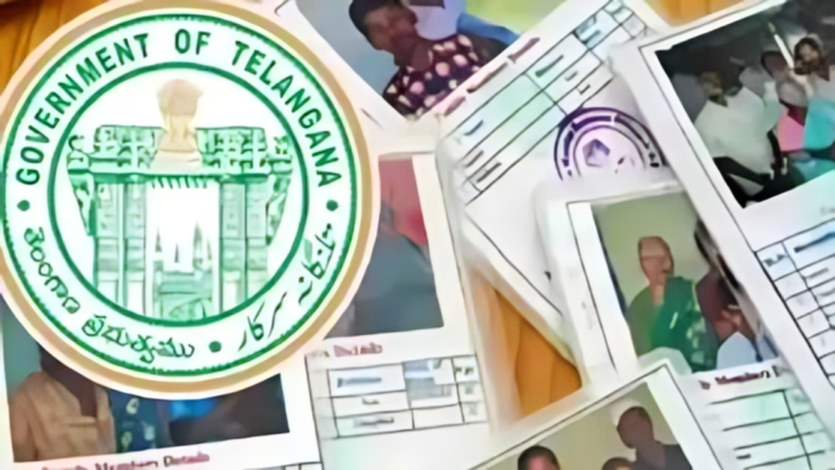 Government officials collecting details from citizens regarding ration card eligibility and ITR filing in Telangana(Telangana Ration Card Cancellation ITR)