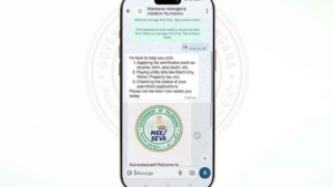 Telangana government's WhatsApp service for registration and stamps department displaying the official contact number and services.