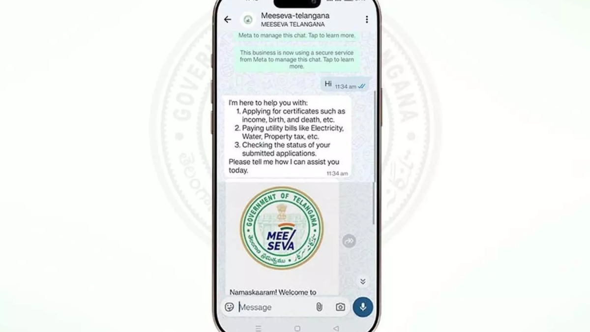 Telangana government's WhatsApp service for registration and stamps department displaying the official contact number and services.