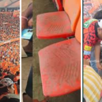 IPL fans cleaning dusty seats with handkerchiefs at Uppal Stadium Hyderabad during a match.