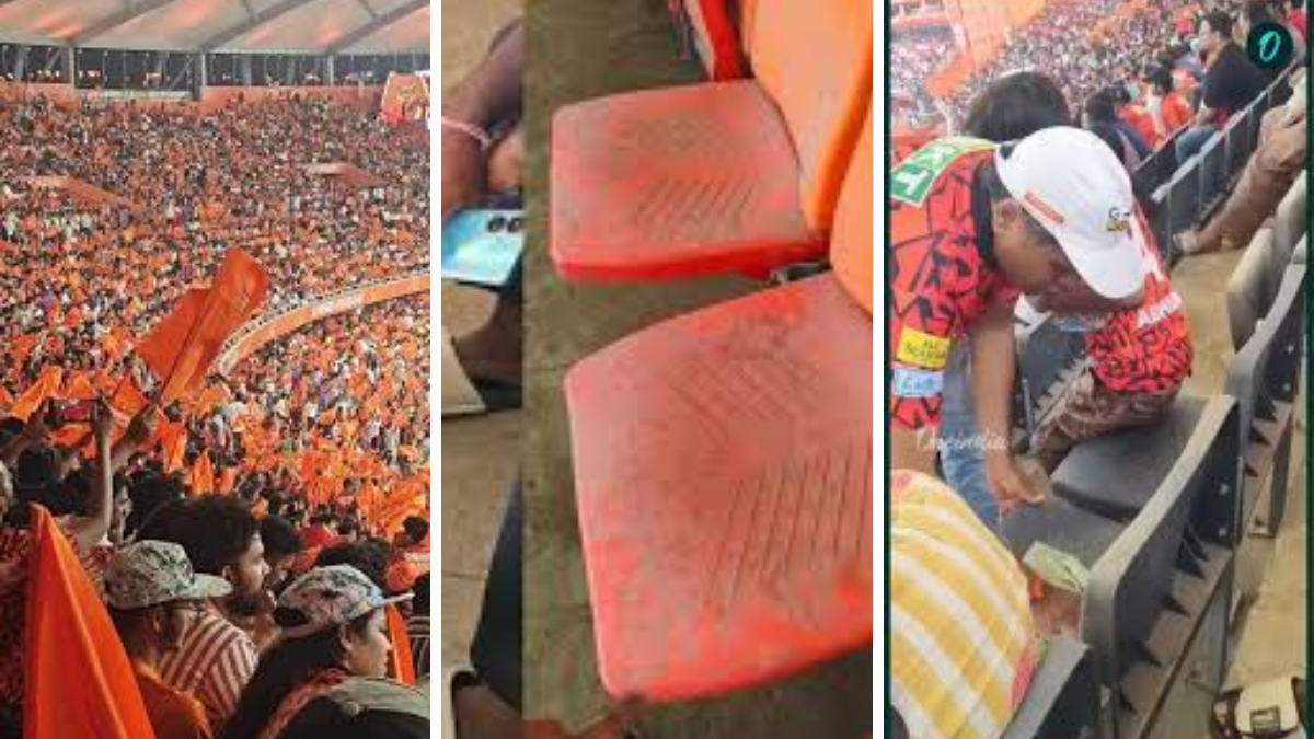IPL fans cleaning dusty seats with handkerchiefs at Uppal Stadium Hyderabad during a match.