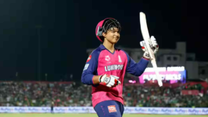 Young cricketer Vaibhav Suryavanshi hitting a boundary for Rajasthan Royals in IPL 2026 match against RCB.