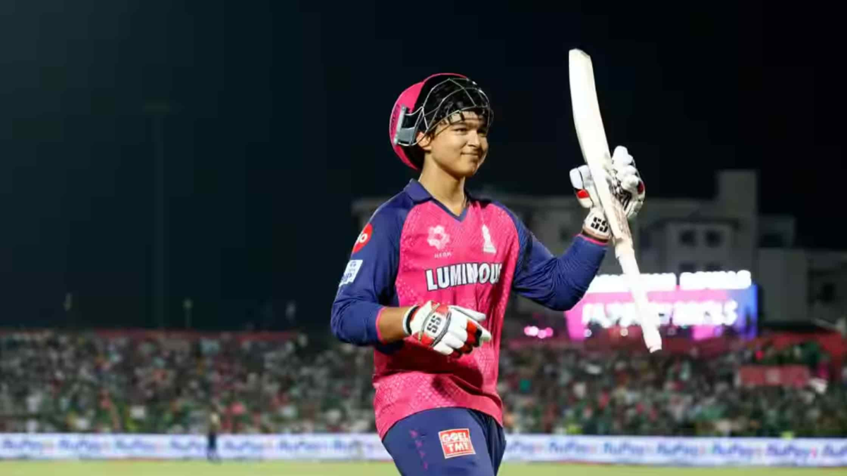 Young cricketer Vaibhav Suryavanshi hitting a boundary for Rajasthan Royals in IPL 2026 match against RCB.
