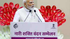 Prime Minister Narendra Modi addressing women at Nari Shakti Vandan Sammelan in Delhi.