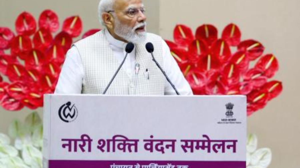 Prime Minister Narendra Modi addressing women at Nari Shakti Vandan Sammelan in Delhi.