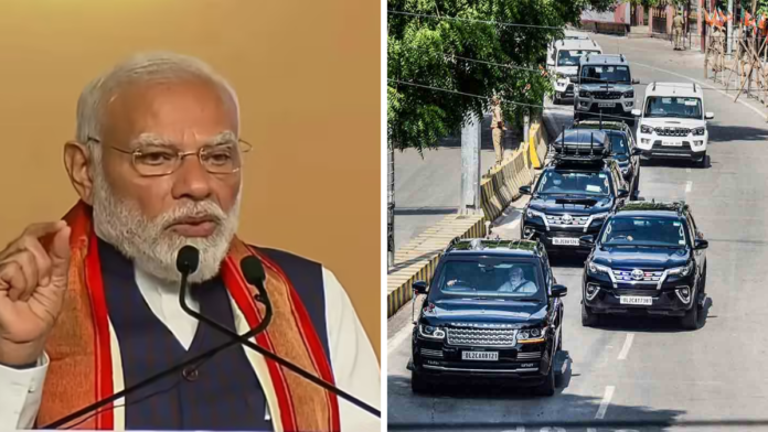 ప్రధాని మోదీ భద్రతా కాన్వాయ్ మరియు ఎలక్ట్రిక్ వాహనాల చిత్రం.